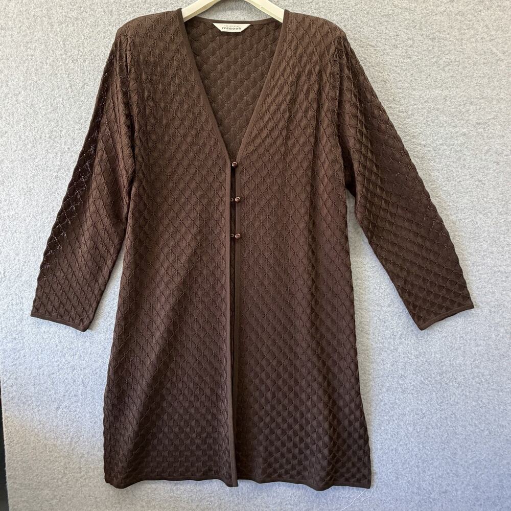 Exclusively Misook Brown Open Front Crochet Knit Cardigan Duster XL Boho Western - Picture 2 of 11